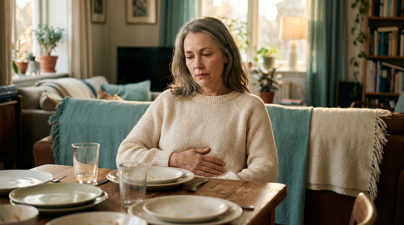 That familiar after-meal heaviness — “not again.”