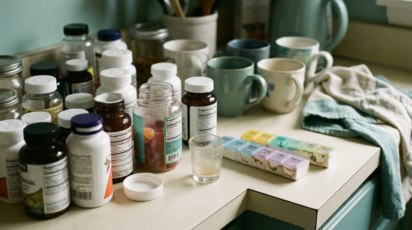 My supplement graveyard — everything I tried, half-used.